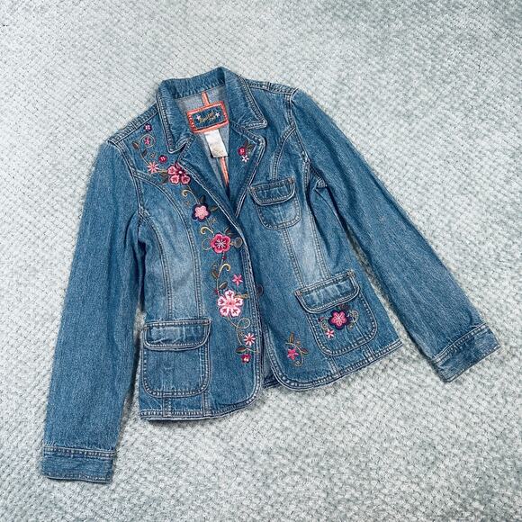Vintage y2k Limited Too Blue Denim Pink Flower Embroidered Blazer Jean Jacket - Picture 1 of 7